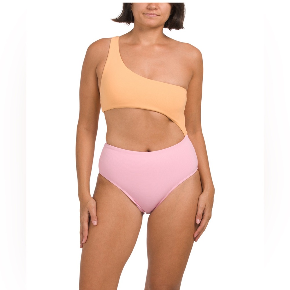 One-Shoulder Colorblock One-Piece Swimsuit - Peach & Blush
